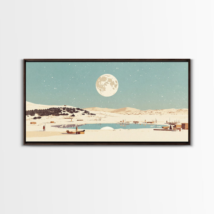Moonlit Lake Village With Boats Canvas Print, African Landscape Wall Decor, Serene Travel Poster, Blue Bedroom Art Home Decor