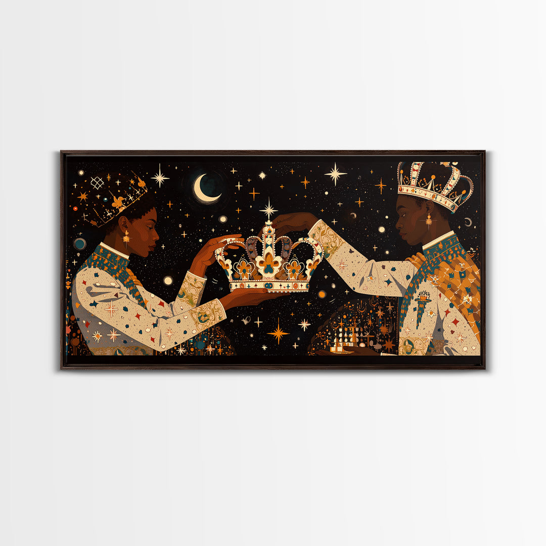 Celestial Black King And Queen Crowning Framed Canvas Print, African American Art, Royal Afrocentric Cultural Wall Decor