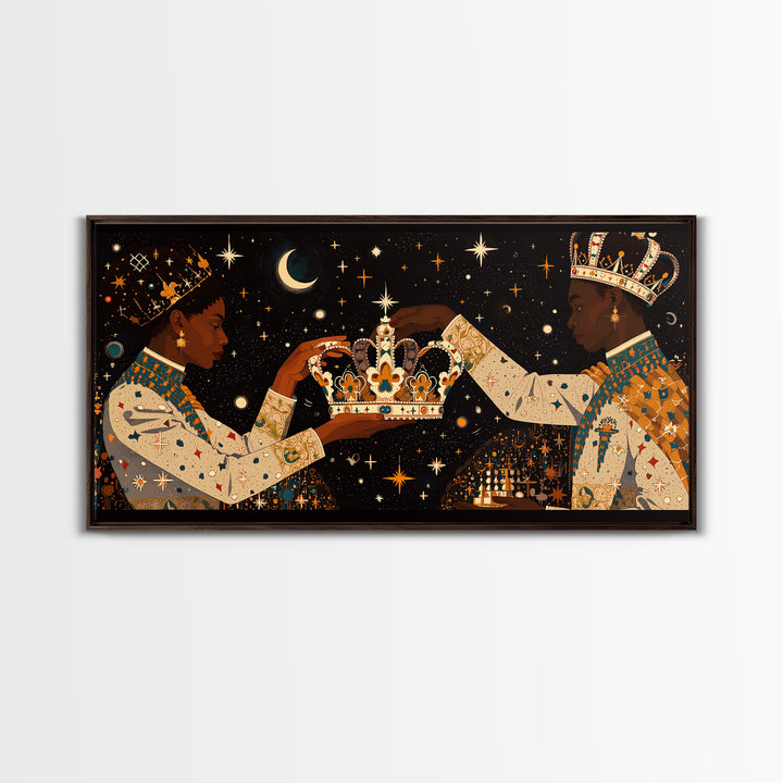 Celestial Black King And Queen Crowning Framed Canvas Print, African American Art, Royal Afrocentric Cultural Wall Decor