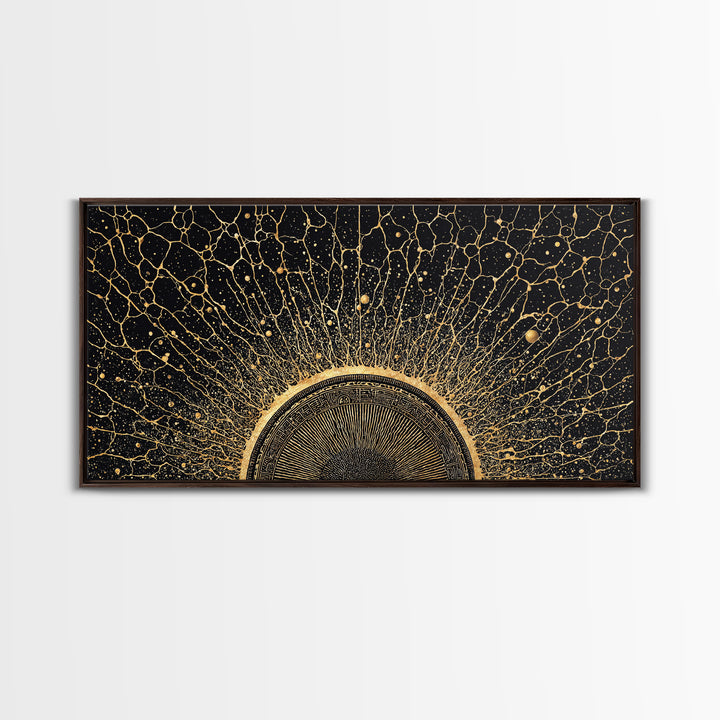 Golden Cosmic Sun Network Abstract Wall Art, Geometric African Inspired Decor, Black And Gold Modern Living Room Canvas Print
