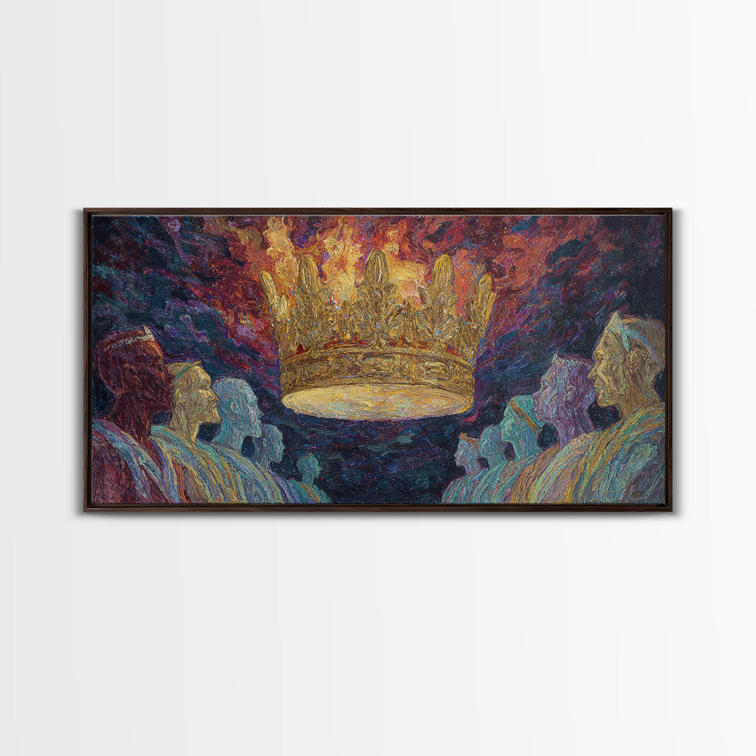Fiery Floating Crown And Robed Figures Wall Art, African Royalty Painting, Black History Decor, Textured Canvas Print Gift