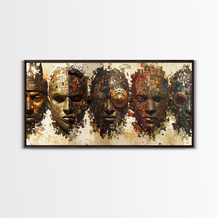 Mosaic African Masks With Metallic Texture Framed Canvas Print, Tribal Wall Decor, Cultural Afrocentric Statement Art Gift