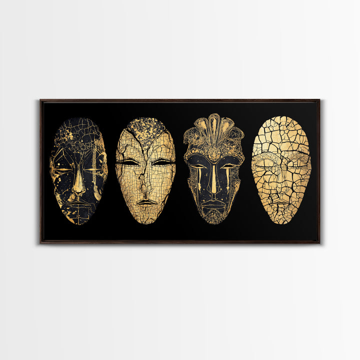 Black And Gold Cracked African Masks Wall Art, Minimalist Tribal Mask Print, Luxe Afrocentric Decor For Modern Home Interior