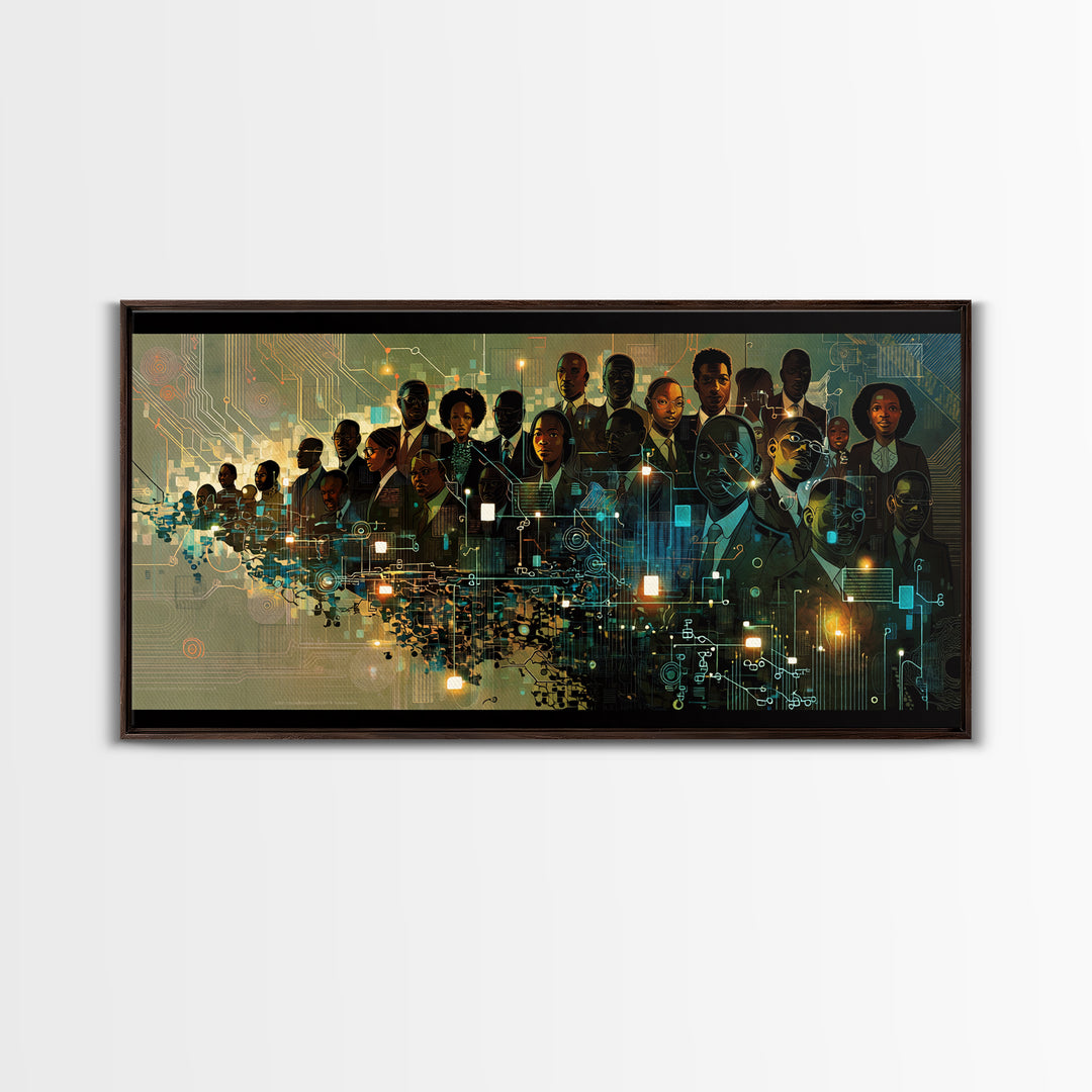 Afrofuturist Black Leaders In Digital City Wall Art, African American Tech Portrait, Futuristic Office Decor Print Canvas Gift