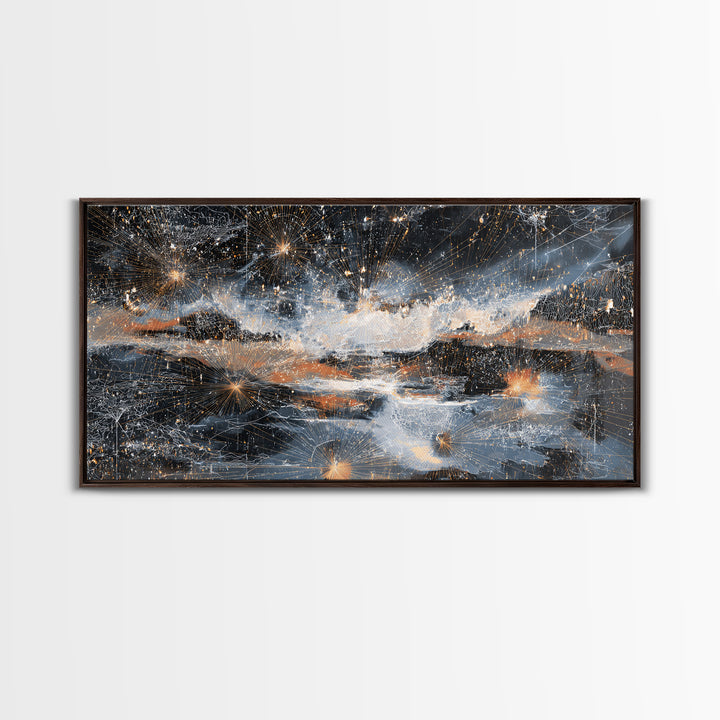 Starry Silver Mountain Sky Abstract Canvas Print, Dreamy Wall Art Decor, Modern Nature Landscape For Bedroom Office Gift