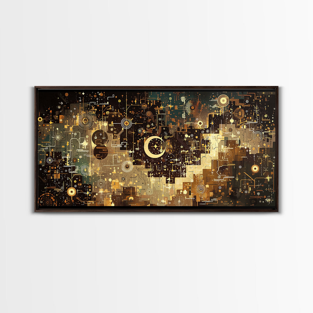 Gold Crescent Abstract Circuit City Wall Art, Black Gold Canvas Decor, Modern Islamic Inspired Geometric Home Decor Statement Piece