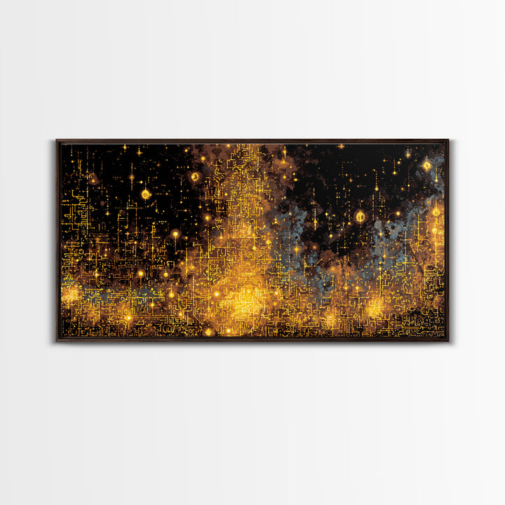 Golden Futuristic Skyline Canvas Print, Abstract City Lights Wall Decor, Luxury Black Gold Modern Home Decor Statement Piece