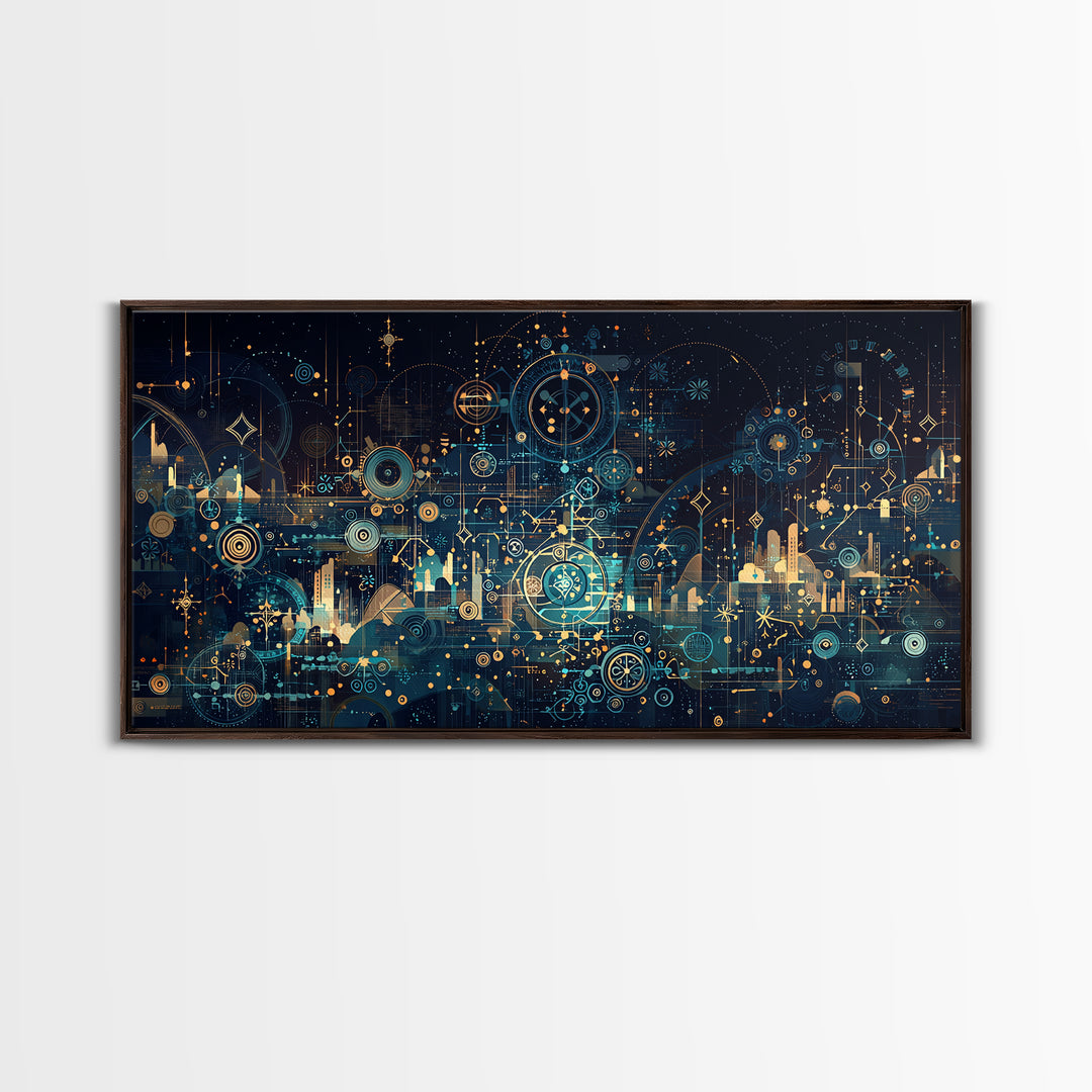 Teal Celestial Blueprint Wall Art, Abstract Science Diagram Canvas Decor, Modern Geometric Office Decor Unique Gift For Him