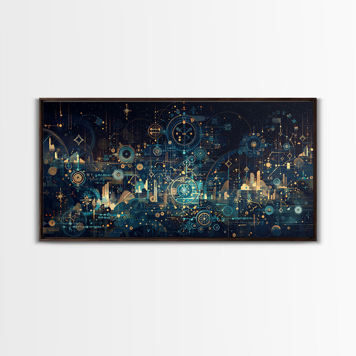 Teal Celestial Blueprint Wall Art, Abstract Science Diagram Canvas Decor, Modern Geometric Office Decor Unique Gift For Him