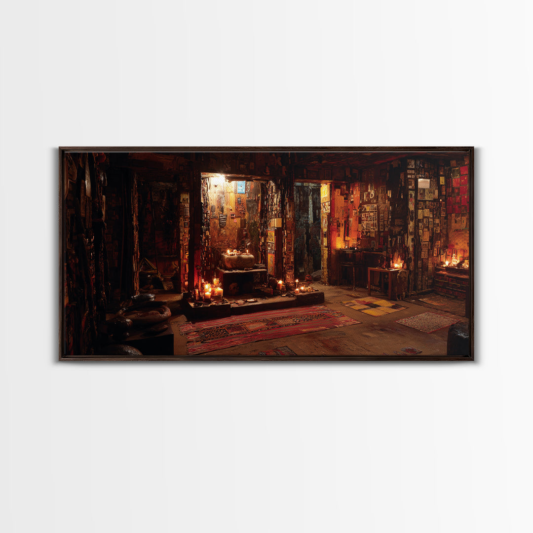 Candlelit Bohemian Shrine Interior Wall Art, Mystic Meditation Room Decor, Warm Earth Tone Canvas Print For Home Unique Gift