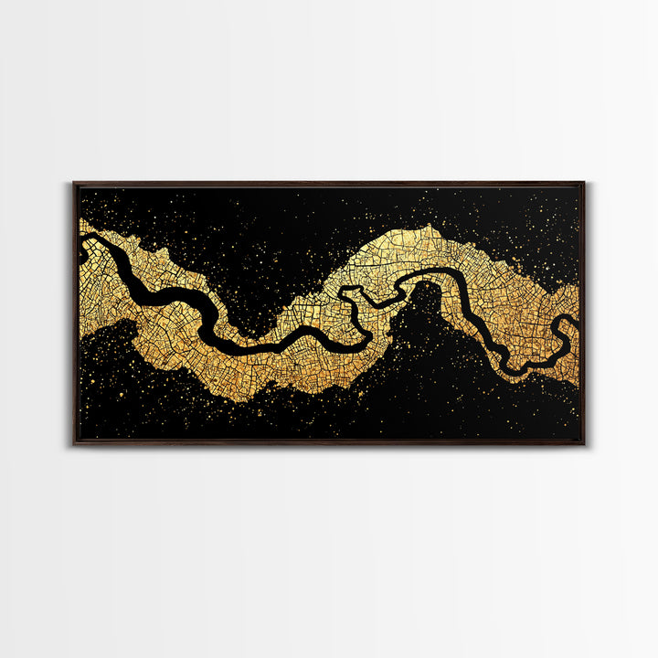 Black And Gold River Map Wall Art, Abstract Earth Tone Landscape Canvas Decor, Modern Minimalist Statement Piece For Home Decor