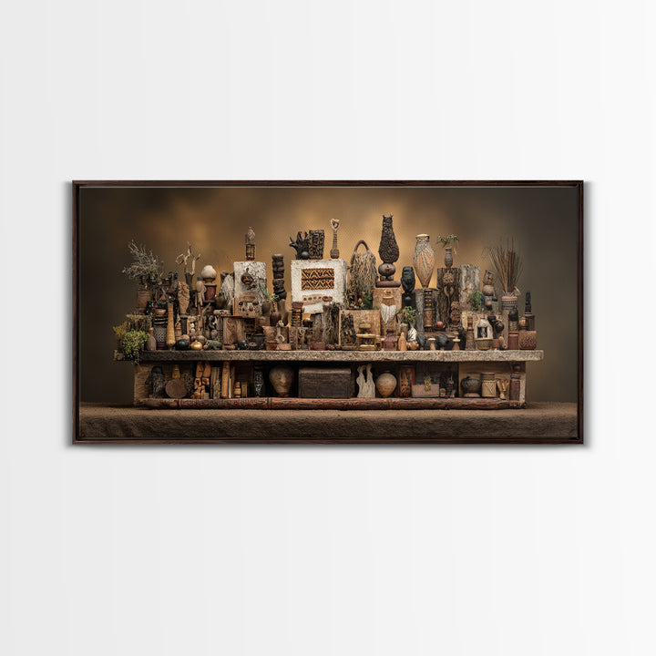 African Tribal Artifact Shelf Wall Art, Rustic Sculpture Still Life Canvas Decor, Ethnic Cultural Home Decor Statement Piece