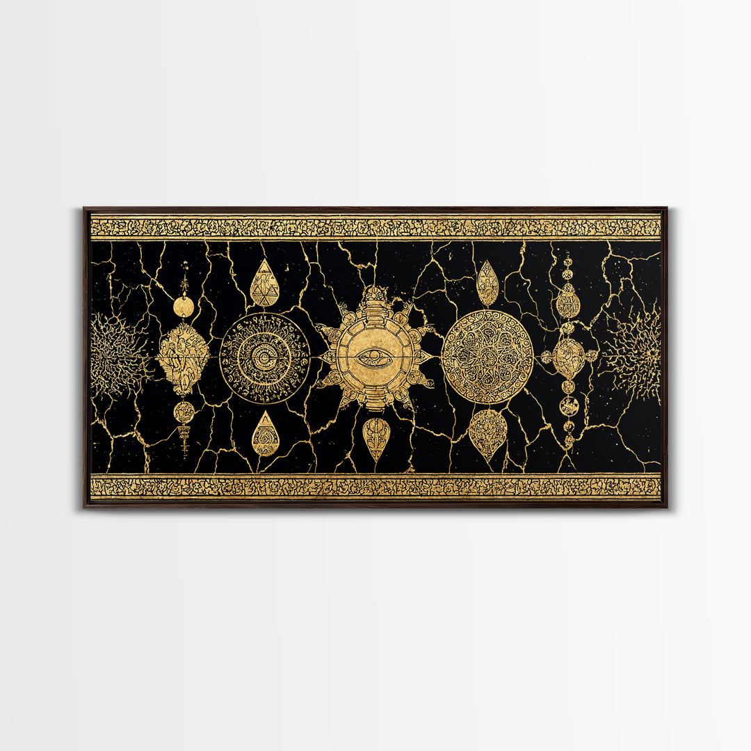 Black Gold Ornamental Mandala Canvas Print, Sacred Geometry Wall Decor, Luxury Boho Pattern Home Decor Statement Piece Gift For Her