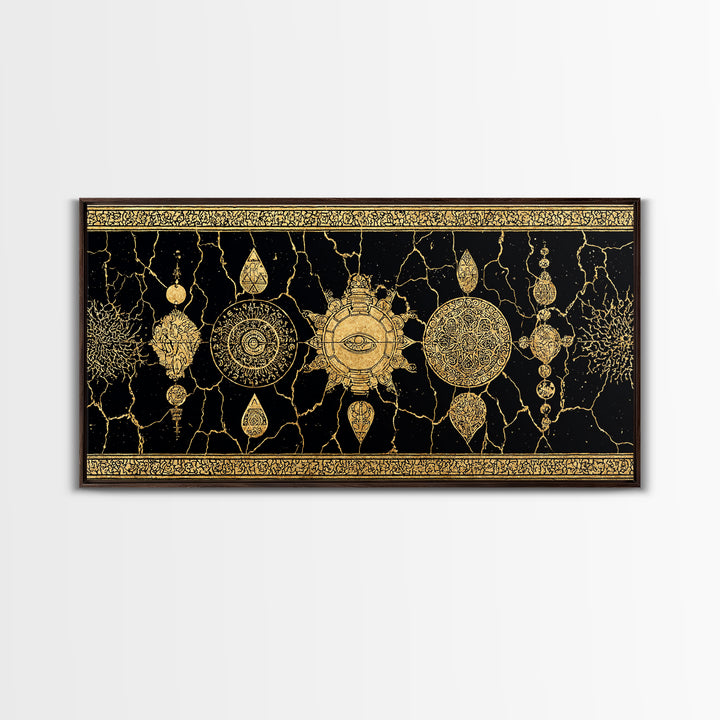 Black Gold Ornamental Mandala Canvas Print, Sacred Geometry Wall Decor, Luxury Boho Pattern Home Decor Statement Piece Gift For Her
