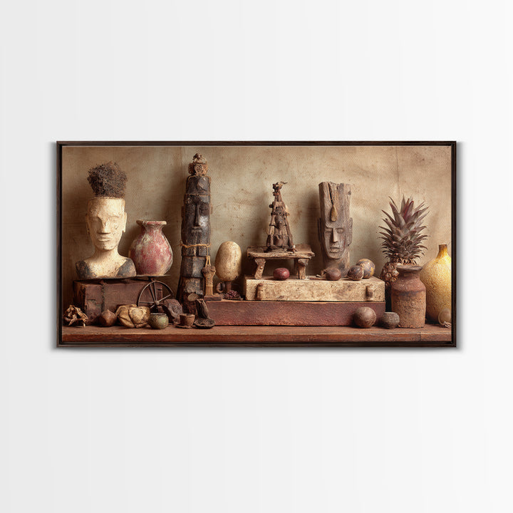 Ancient African Artifact Still Life Wall Art, Earth Tone Tribal Decor, Cultural Home Decor, Textured Boho Canvas Print Gift