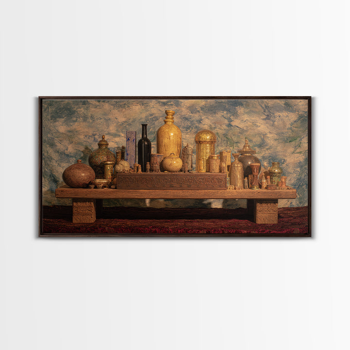 Ornate African Treasure Table Wall Art, Gold Vessel Still Life, Ethnic Home Decor, Luxury Canvas Print For Living Room
