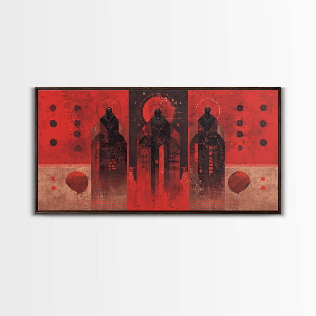 Three Ancestral Figures In Red Wall Art, Abstract African Tribal Art, Spiritual Black Culture Canvas Print, Bold Decor Gift