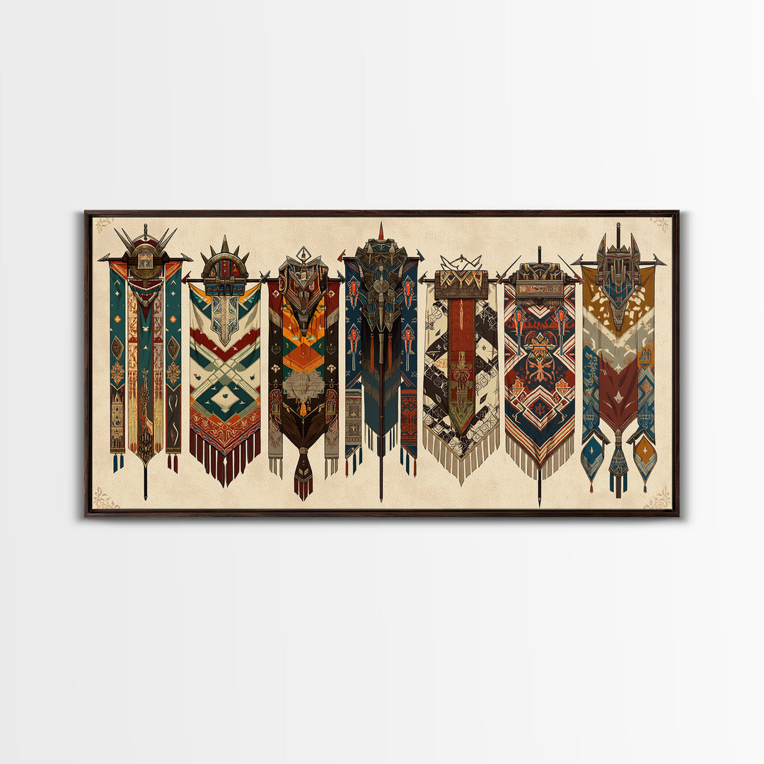 Seven Ornate African Tribal Banners Wall Art, Ankara Pattern Textile Art, Cultural Home Decor, Framed Canvas Print Gift For Her
