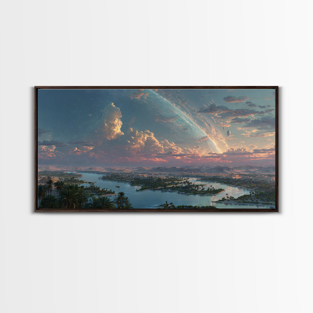 Epic African River Valley At Sunrise Wall Art, Afrofuturism Landscape, Dreamy Nature Scene Canvas Print, Large Decor Gift