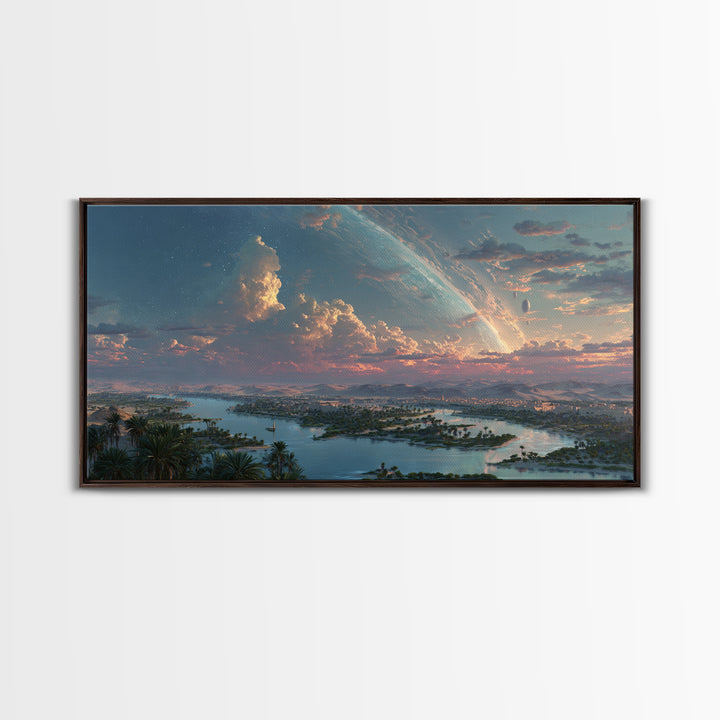 Epic African River Valley At Sunrise Wall Art, Afrofuturism Landscape, Dreamy Nature Scene Canvas Print, Large Decor Gift