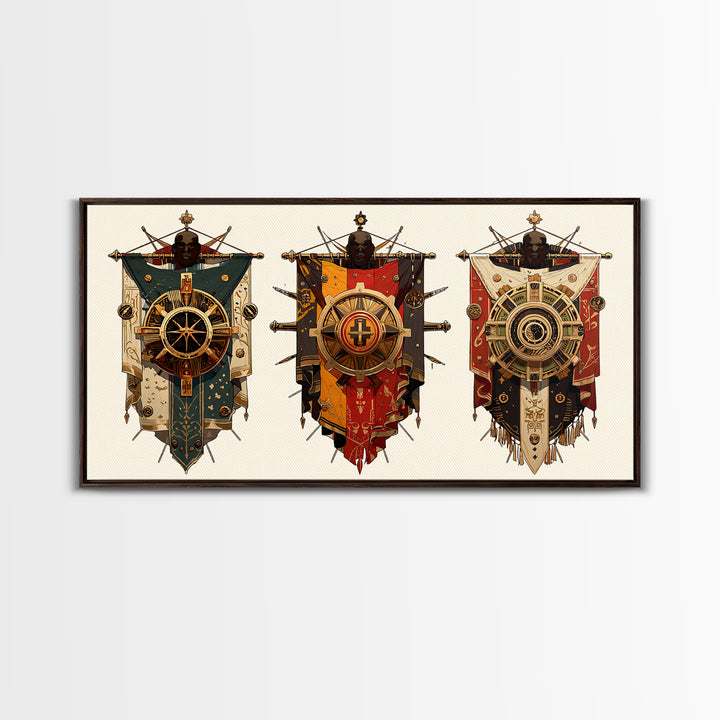Three Ornate African Shield Banners Wall Art, Tribal Mask Canvas Print, Geometric Cultural Decor, Statement Wall Piece Gift