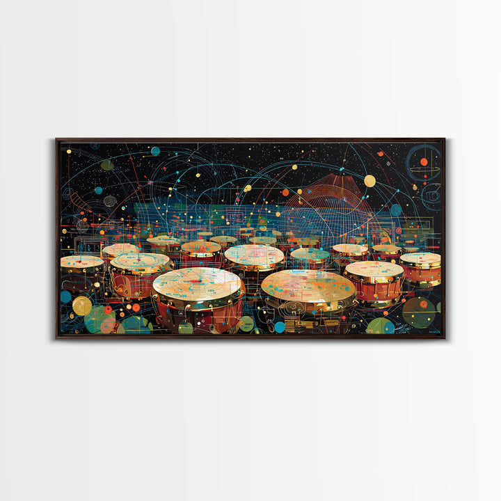 Futuristic Afro Drums Under Cosmic Orbits Canvas Print, Modern African Art, Music Room Decor, Afrofuturism Decor, Bold Art