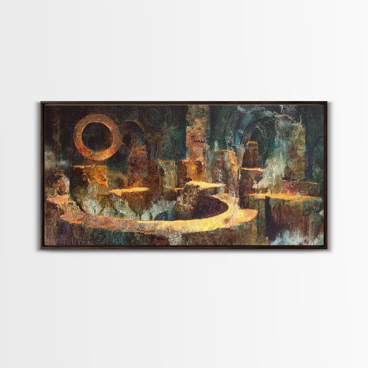 Mystic Ancient City With Golden Path Framed Canvas Print, African Abstract Art, Spiritual Wall Decor, Luxury Canvas Art Print