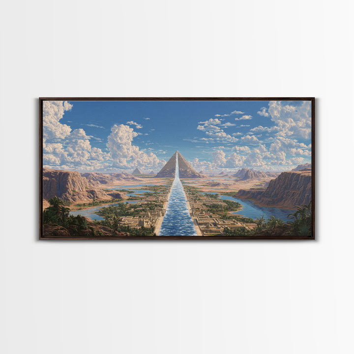 Sunlit Pyramids And River Oasis Canvas Print, African Egyptian Art, Landscape Wall Art, Travel Poster, Elegant Home Decor
