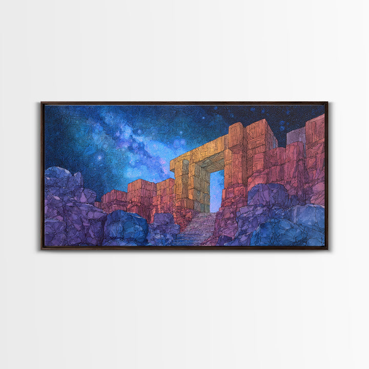 Ancient Desert Ruins Under Starry Blue Sky Wall Art, Mystical Temple Landscape, Boho Home Decor, Fantasy Travel Poster Print