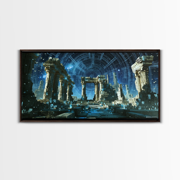 Glowing Futuristic Temple Columns In Blue Starlight Canvas Print, Sci Fi Ruins Wall Art, Modern Fantasy Home Decor, Celestial Poster