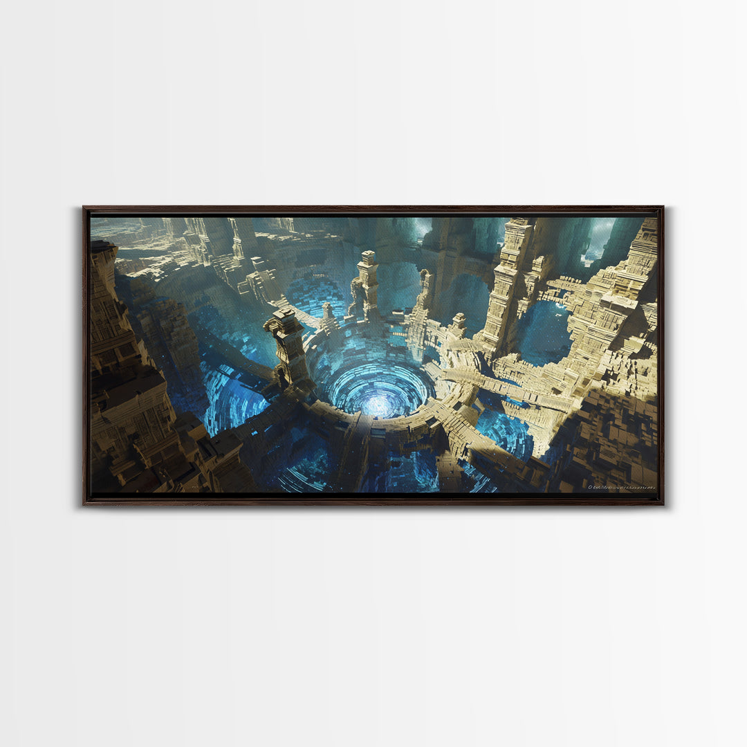 Vast Circular Ancient City With Blue Abyss Framed Canvas Print, Futuristic Ruins Wall Art, Luxury Fantasy Home Decor, Sci Fi Architecture