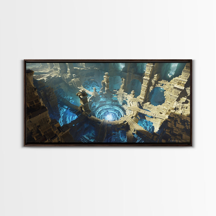 Vast Circular Ancient City With Blue Abyss Framed Canvas Print, Futuristic Ruins Wall Art, Luxury Fantasy Home Decor, Sci Fi Architecture