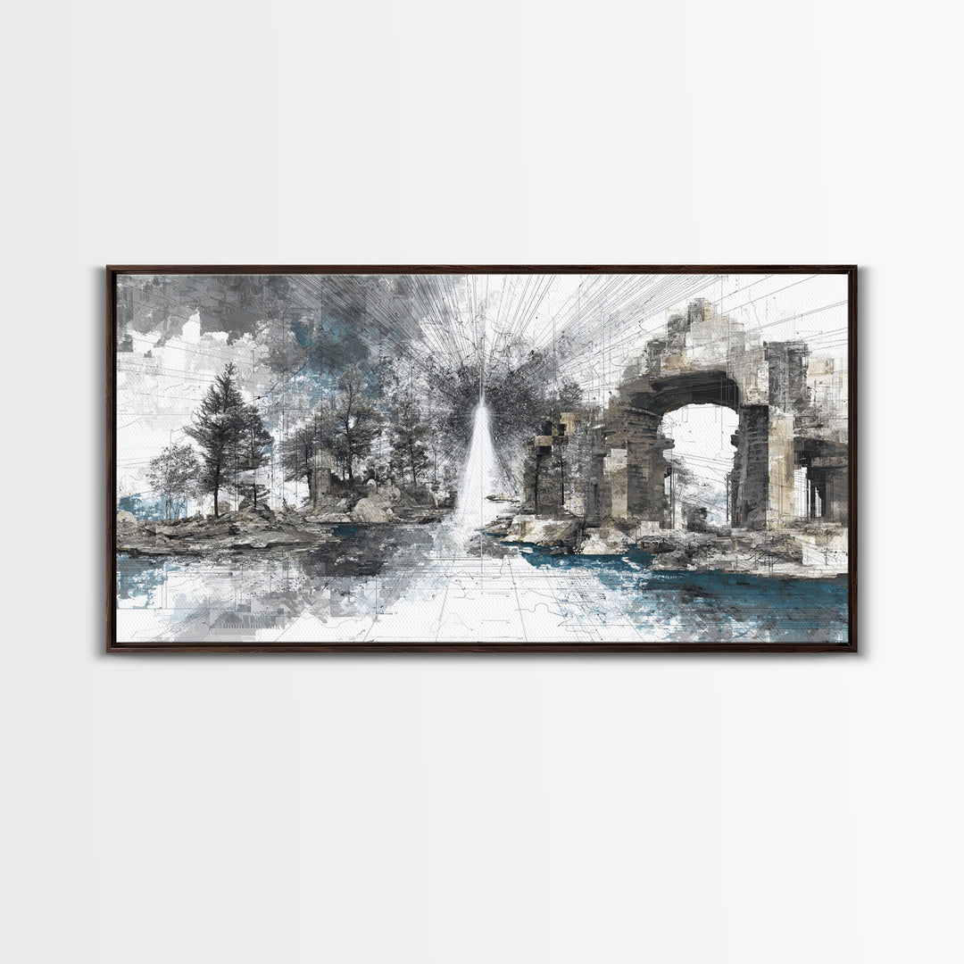 White Fountain Light Beside Ruined Stone Arch Wall Art, Minimalist Landscape, Black And White Office Decor Canvas Print Poster