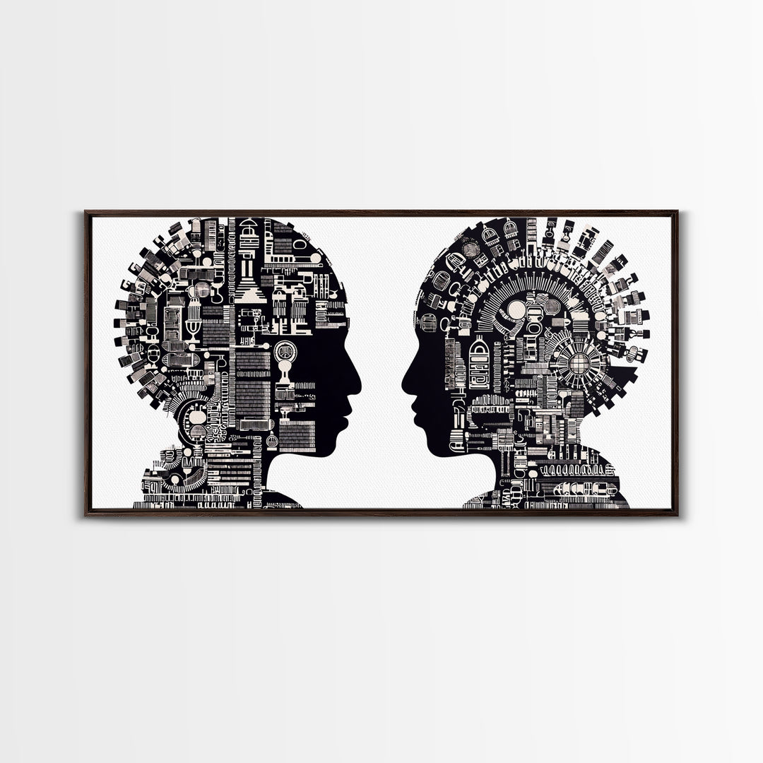 Black And White Profile Faces With Mechanical City Patterns Wall Art, Geometric Portrait Canvas Print, Modern Office Decor