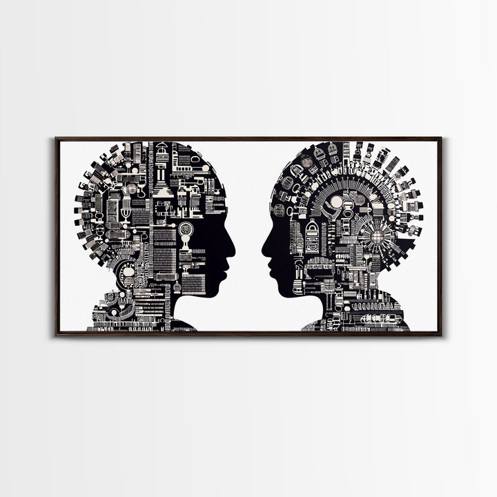 Black And White Profile Faces With Mechanical City Patterns Wall Art, Geometric Portrait Canvas Print, Modern Office Decor