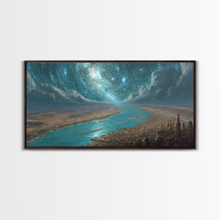 Cosmic Nile River City Under Swirling Galaxy Wall Art, Egyptian Inspired Landscape Canvas Print, Luxury Home Decor Poster