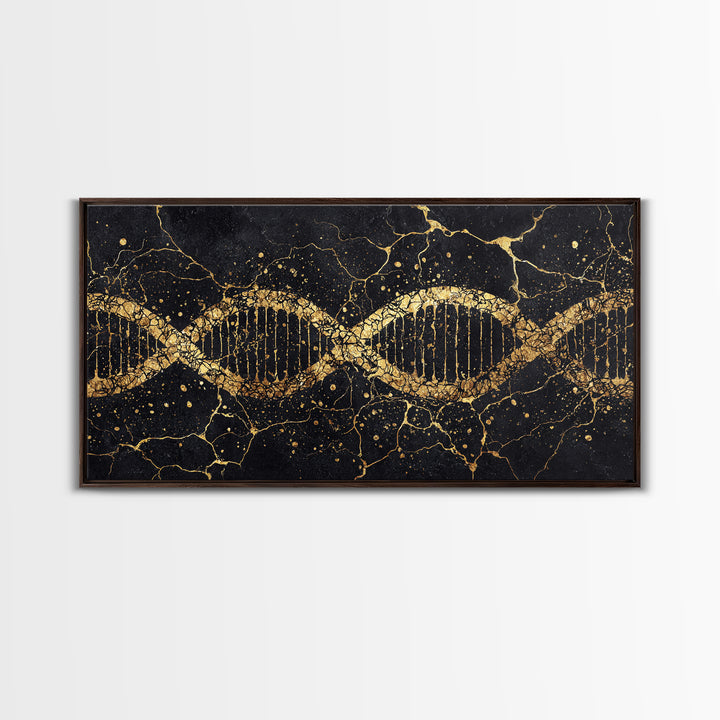 Gold DNA Helix On Black Marble Canvas Print, Science Inspired Abstract Wall Art, Modern Biology Decor, Luxury Office Artwork