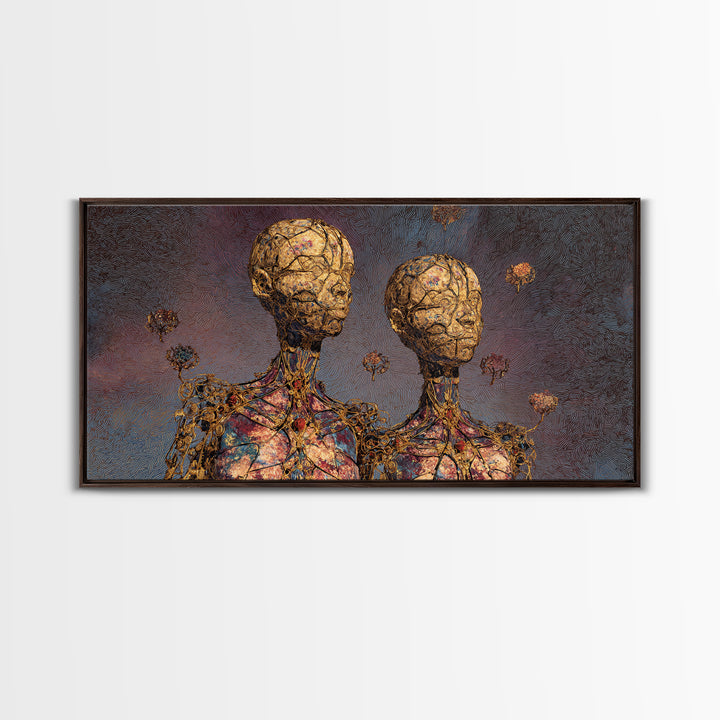 Golden Twin Figures With Floral Orbs Framed Canvas Print, Afrofuturism Decor, Abstract Portrait Wall Art, Luxury Home Decor