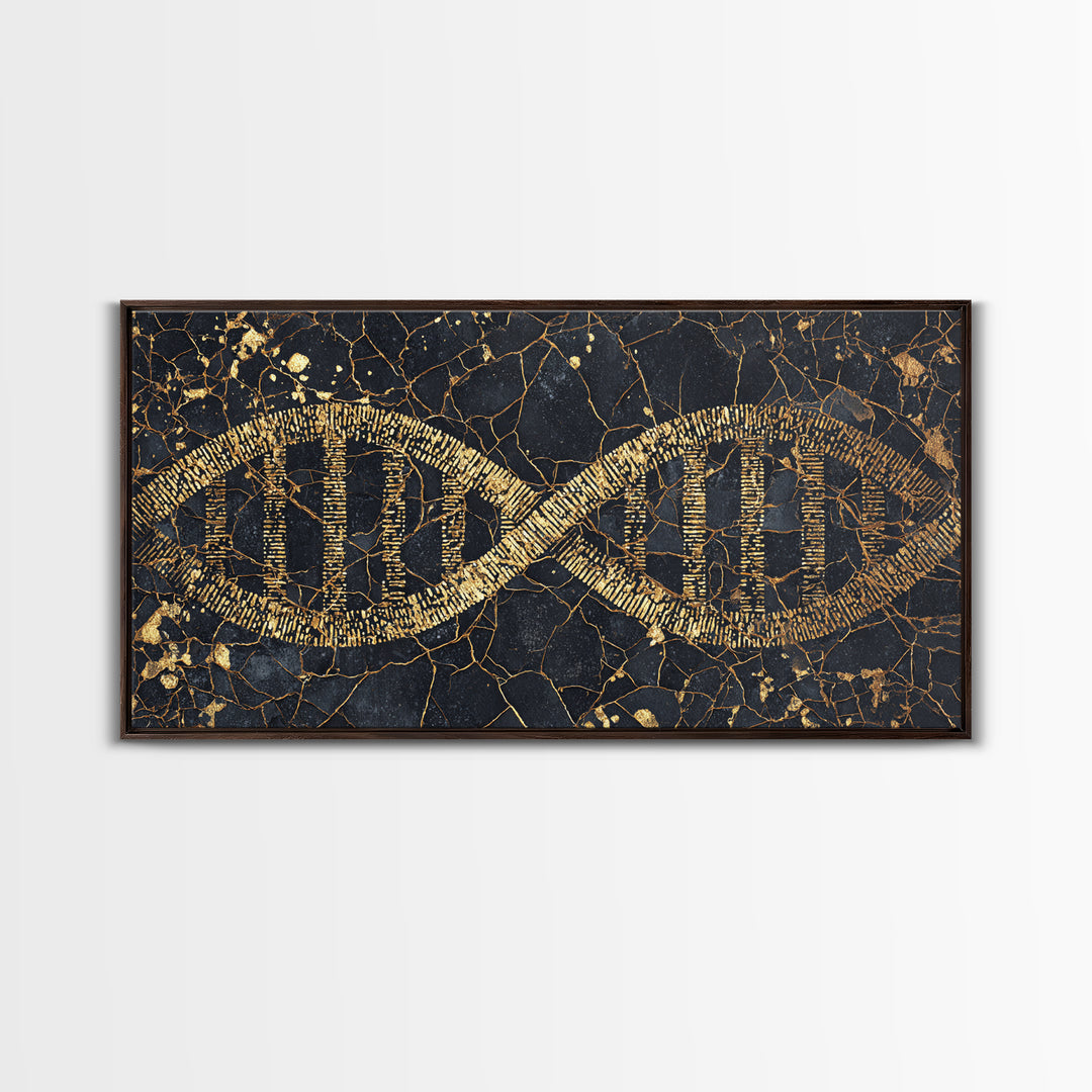 Ancient Gold DNA Strand Canvas Print, Black Marble Science Wall Art, Abstract Biology Decor, Luxury Modern Office Artwork