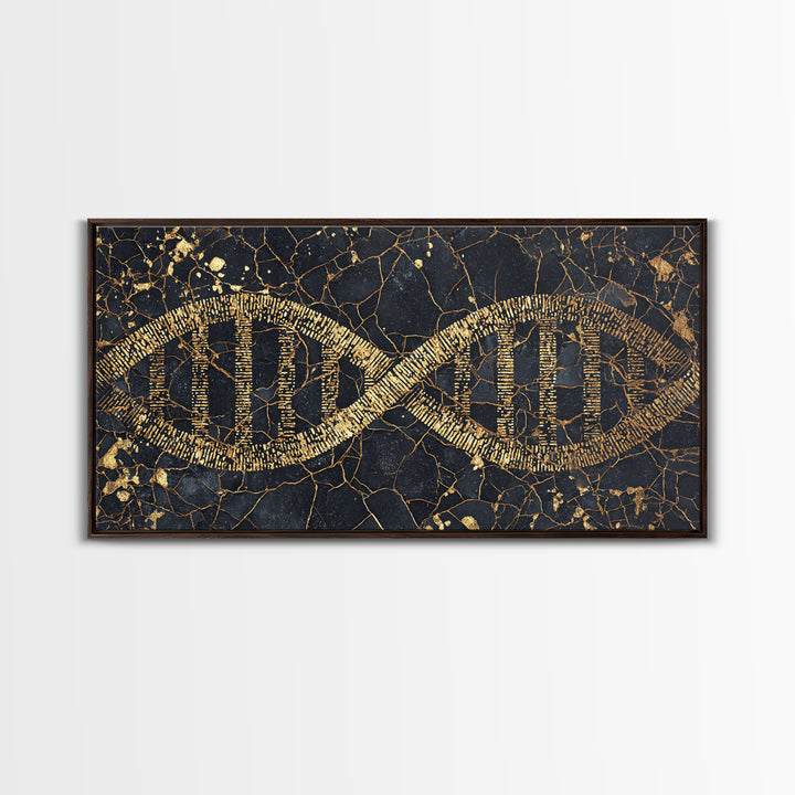Ancient Gold DNA Strand Canvas Print, Black Marble Science Wall Art, Abstract Biology Decor, Luxury Modern Office Artwork
