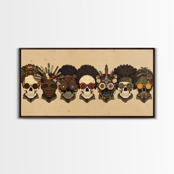 African Skull Lineup With Tribal Headdresses Wall Art, Afrocentric Decor, Cultural Artwork, Bold Canvas Print For Eclectic Home Decor