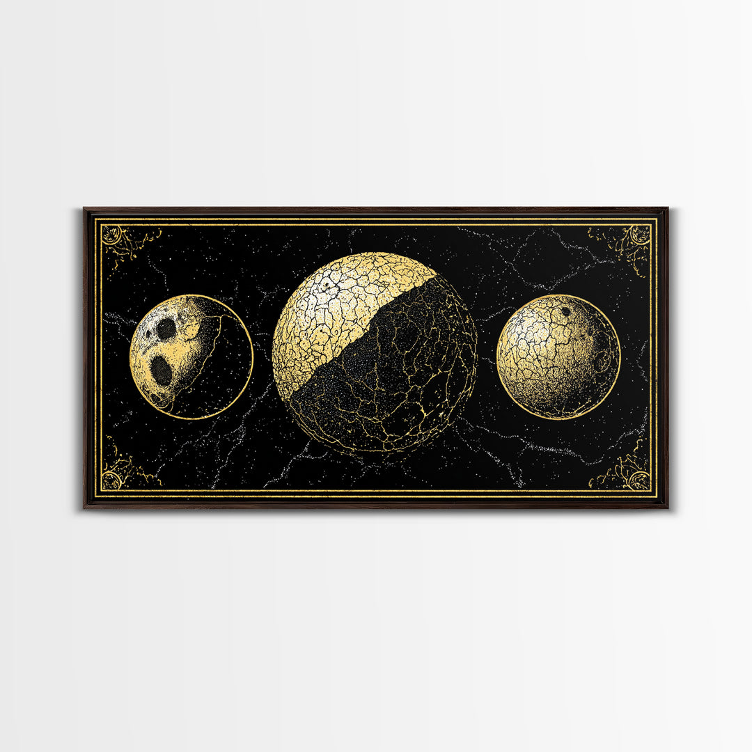 Gold Moon Phase Triptych Wall Art, Black Celestial Canvas Print, Lunar Astronomy Decor, Mystical Black And Gold Home Decor Gift