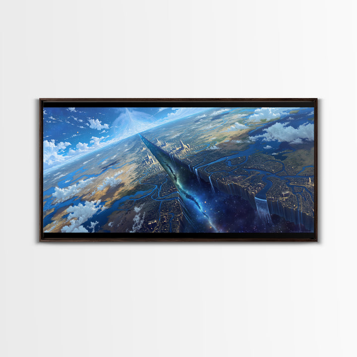 Futuristic Sky Spire Over Earth City Wall Art, Blue Sci Fi Landscape, Modern Canvas Art, Office Decor, Statement Wall Decor