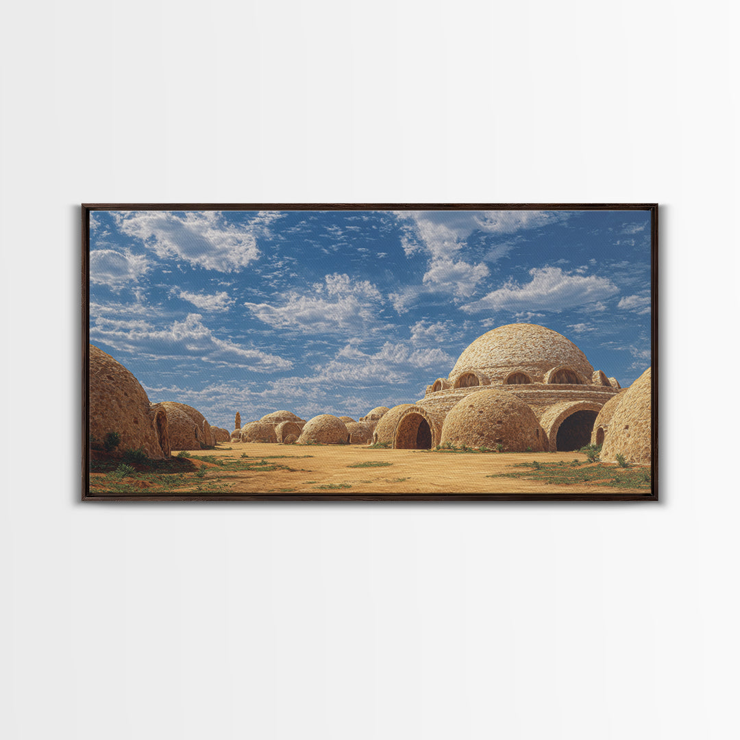 Sunlit Desert Dome Village Canvas Print, Earth Tone Wall Art, African Inspired Architecture, Boho Home Decor, Unique Wall Decor