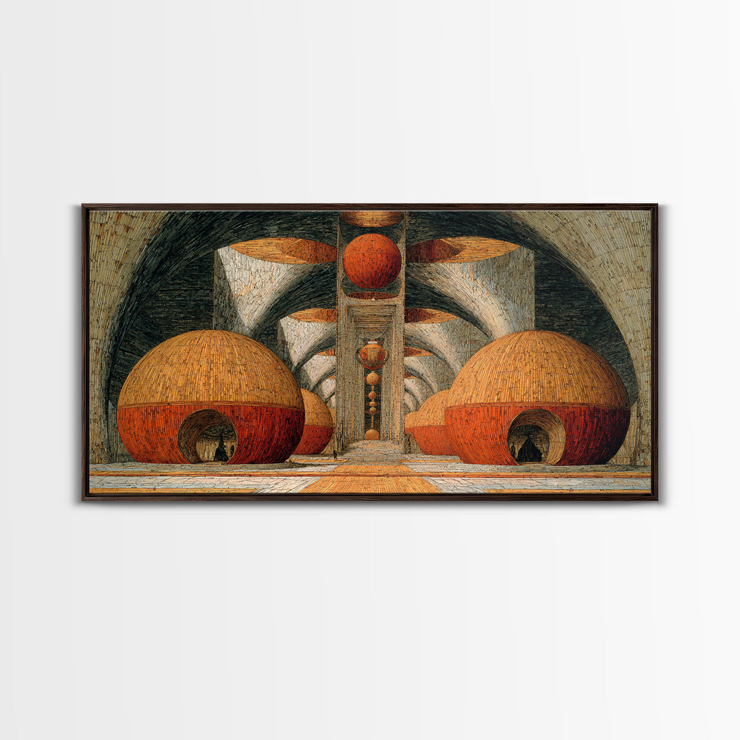 Abstract Orange Domes In Arched Hall Framed Canvas Print, Modern African Art Abstract, Geometric Wall Art, Bold Home Decor