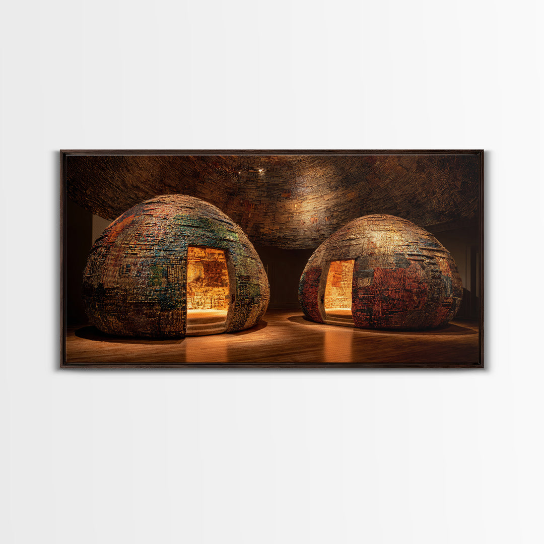 Glowing Woven Dome Huts Framed Canvas Print, Warm Earth Tone Wall Art, African Home Decor, Rustic Decor, Statement Piece
