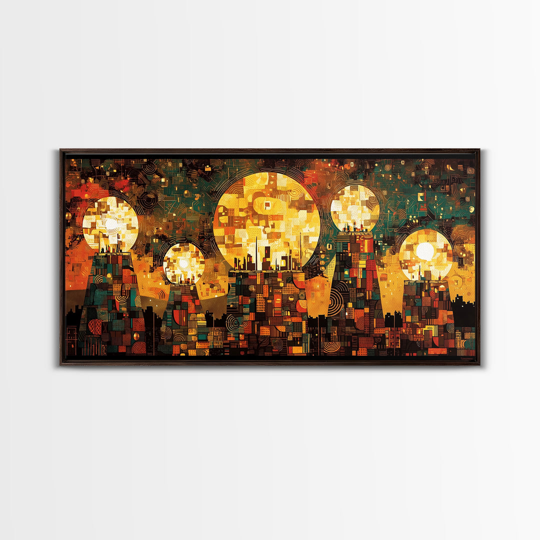 Golden Sun Mosaic City Wall Art, Abstract African Art Decor, Teal And Orange Canvas Print, Cultural Wall Art, Vibrant Decor