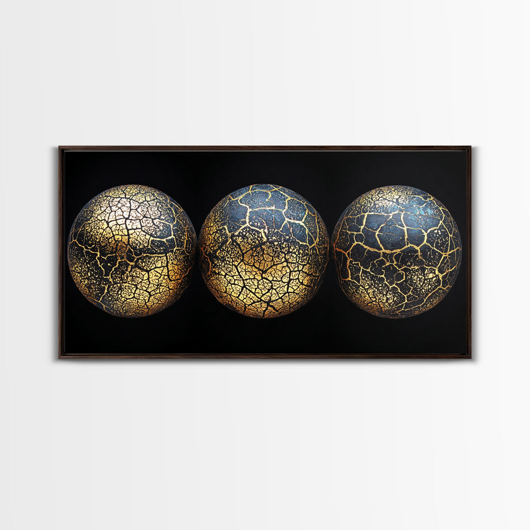 Three Cracked Gold Blue Planets Canvas Print, Celestial Abstract Wall Art, Black And Gold Art, Luxury Canvas Art, Office Decor