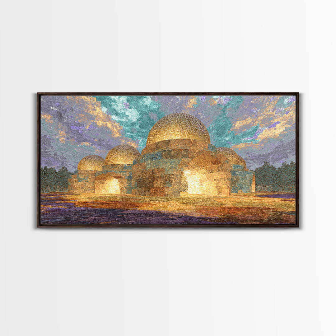 Glowing Golden Dome Palace Canvas Print, Dreamy Wall Art, African Inspired Architecture, Teal And Gold Decor, Elegant Home Art
