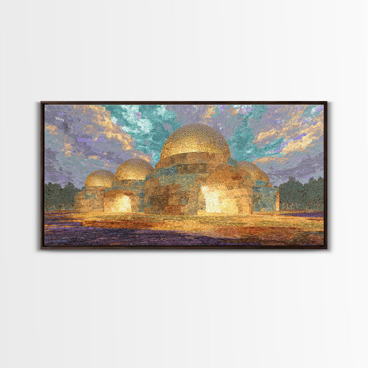Glowing Golden Dome Palace Canvas Print, Dreamy Wall Art, African Inspired Architecture, Teal And Gold Decor, Elegant Home Art